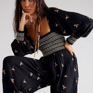 NWT Free People Dahlia Embroidered Jumpsuit Embroidered Smocked Black Medium
